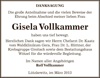 Traueranzeige von Gisela Vollkammer von Super Sonntag Zeitz