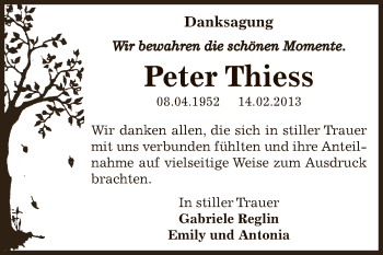 Traueranzeige von Peter Thiess von Super Sonntag Bernburg