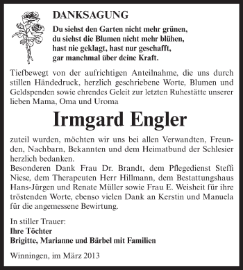 Traueranzeige von Irmgard Engler von Super Sonntag Aschersleben