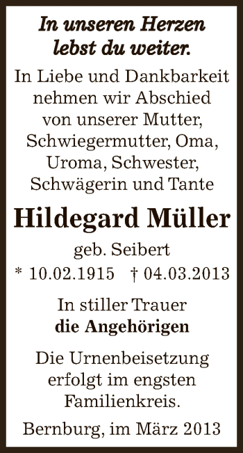 Traueranzeige von Hildegard Müller von Super Sonntag Bernburg