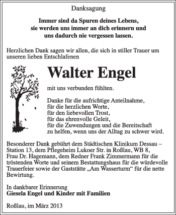 Traueranzeige von Walter Engel von Super Sonntag Dessau / Köthen