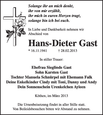 Traueranzeige von Hans-Dieter Gast von Super Sonntag Dessau / Köthen