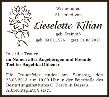 Traueranzeige von Lieselotte Kilian von WVG - Wochenspiegel Dessau / Köthen