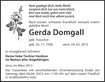 Traueranzeige von Gerda Domgall von WVG - Wochenspiegel NMB / WSF / ZTZ