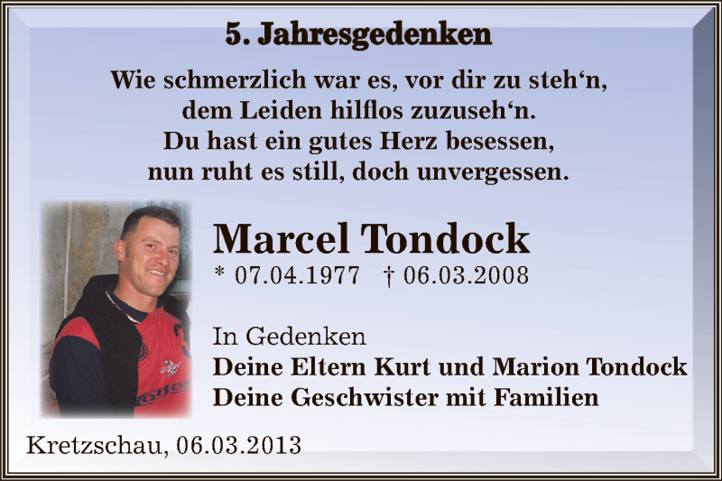  Traueranzeige für Marcel Tondock vom 10.03.2013 aus Super Sonntag Zeitz
