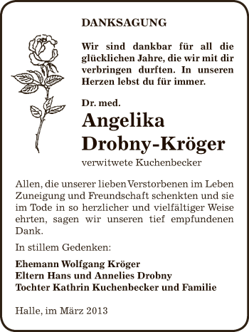 Traueranzeige von Angelika Drobny-Kröger von WVG - Wochenspiegel Bitterfeld