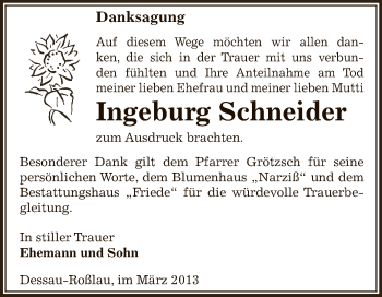 Traueranzeige von Ingeburg Schneider von WVG - Wochenspiegel Dessau / Köthen