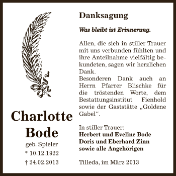 Traueranzeige von Charlotte Bode von Super Sonntag SGH Mansf. Land