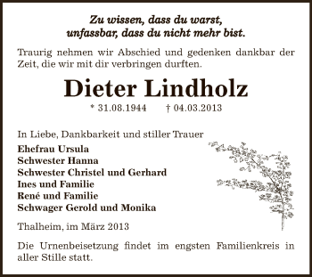 Traueranzeige von Dieter Lindholz von WVG - Wochenspiegel Bitterfeld