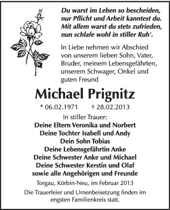 Traueranzeige von Michael Prignitz von WVG - Wochenspiegel Wittenberg