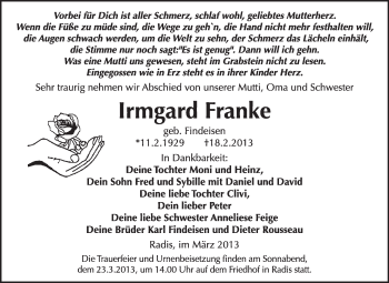 Traueranzeige von Irmgard Franke von WVG - Wochenspiegel Wittenberg