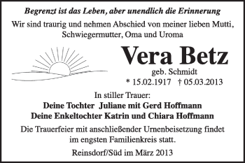 Traueranzeige von Vera Betz von Super Sonntag Wittenberg