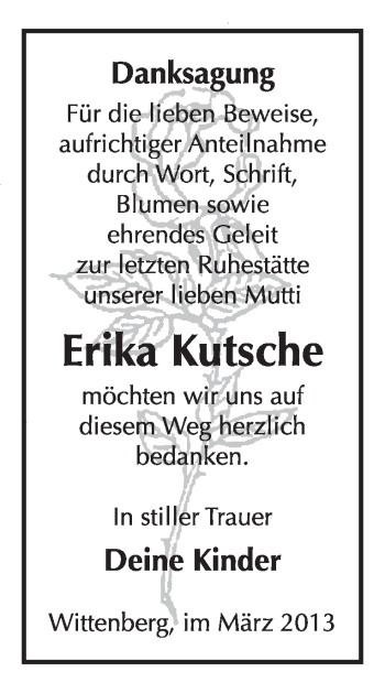 Traueranzeige von Erika Kutsche von Super Sonntag Wittenberg