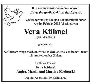 Traueranzeige von Vera Kühnel von Super Sonntag Dessau / Köthen