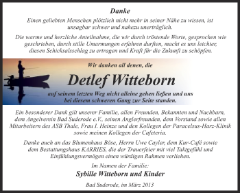 Traueranzeige von Detlef Witteborn von WVG - Wochenspiegel Quedlinburg