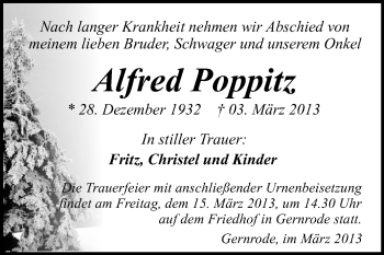 Traueranzeige von Alfred Poppitz von WVG - Wochenspiegel Quedlinburg