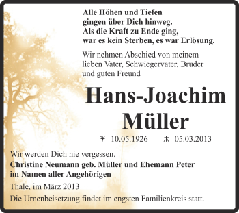 Traueranzeige von Hans-Joachim Müller von WVG - Wochenspiegel Quedlinburg