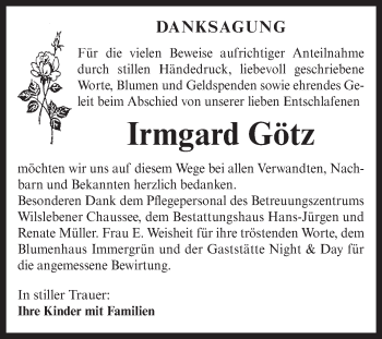 Traueranzeige von Irmgard Götz von WVG - Wochenspiegel Aschersleben