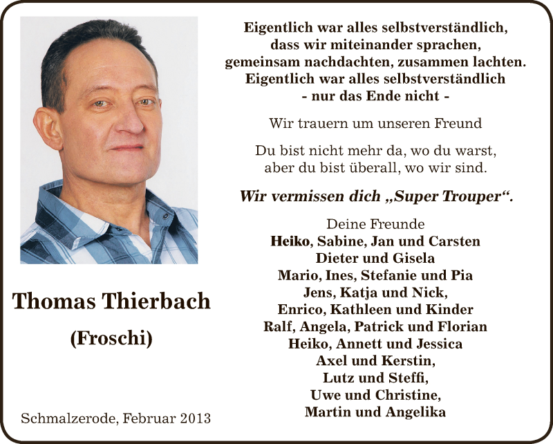  Traueranzeige für Thomas Thierbach vom 20.03.2013 aus Wochenspiegel Mansfelder Land