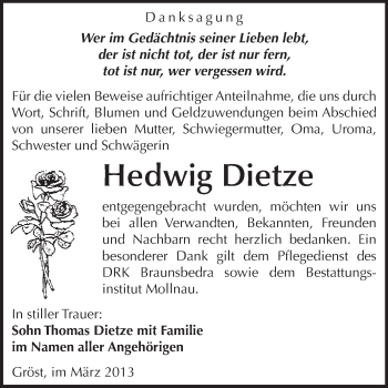 Traueranzeige von Hedwig Dietze von WVG - Wochenspiegel Merseburg
