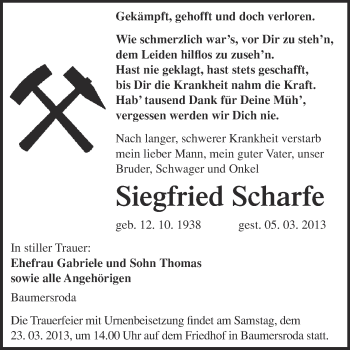 Traueranzeige von Siegfried Scharfe von WVG - Wochenspiegel NMB / WSF / ZTZ