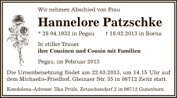 Traueranzeige von Hannelore Patzschke von Super Sonntag Zeitz