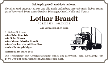 Traueranzeige von uLothar Brandt von Super Sonntag SGH Mansf. Land