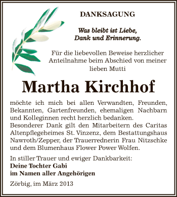 Traueranzeige von Martha Kirchhof von WVG - Wochenspiegel Bitterfeld