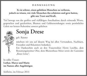 Traueranzeige von Sonja Drese von Super Sonntag Merseburg