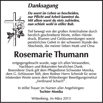 Traueranzeige von Rosemarie Thumann von WVG - Wochenspiegel Wittenberg