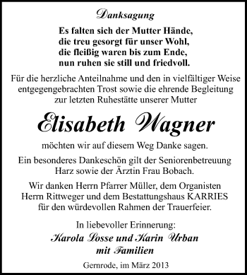 Traueranzeige von Elisabeth Wagner von WVG - Wochenspiegel Quedlinburg