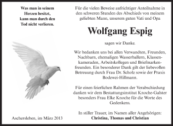Traueranzeige von Wolfgang Espig von Super Sonntag Aschersleben