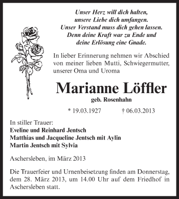 Traueranzeige von Marianne Löffler von Super Sonntag Aschersleben