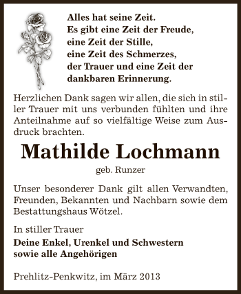 Traueranzeige von Mathilde Lochmann von Super Sonntag Zeitz