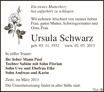 Traueranzeige von Ursula Schwarz von Super Sonntag Zeitz