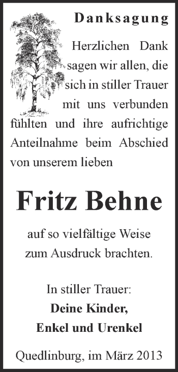Traueranzeige von Fritz Behne von WVG - Wochenspiegel Quedlinburg