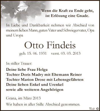 Traueranzeige von Otto Findeis von Super Sonntag Zeitz