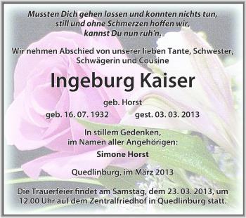 Traueranzeige von Ingeburg Kaiser von WVG - Wochenspiegel Quedlinburg