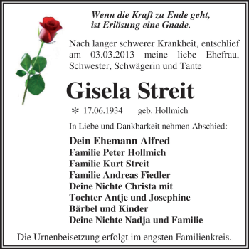 Traueranzeige von Gisela Streit von Super Sonntag Dessau / Köthen