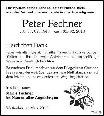 Traueranzeige von Peter Fechner von WVG - Wochenspiegel NMB / WSF / ZTZ