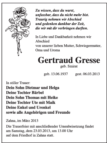 Traueranzeige von Gertraud Gresse von Super Sonntag Wittenberg