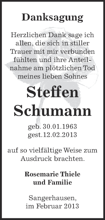 Traueranzeige von Steffen Schumann von Super Sonntag SGH Mansf. Land