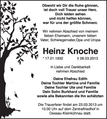 Traueranzeige von Heinz Knoche von Super Sonntag Dessau / Köthen