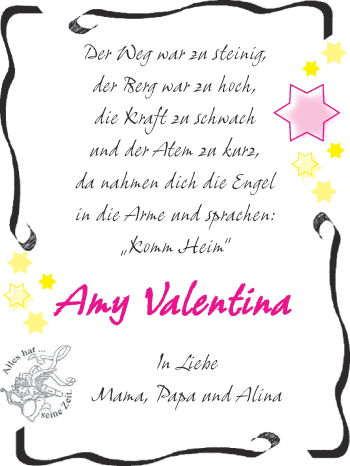 Traueranzeige von Amy Valentina  von WVG - Wochenspiegel Quedlinburg