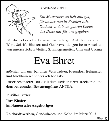 Traueranzeige von Eva Ehret von WVG - Wochenspiegel NMB / WSF / ZTZ