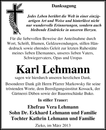 Traueranzeige von Karl Lehmann von Super Sonntag Dessau / Köthen