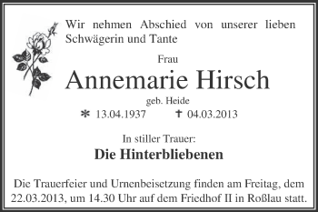 Traueranzeige von Annemarie Hirsch von WVG - Wochenspiegel Dessau / Köthen