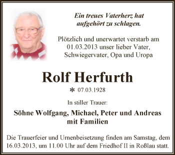 Traueranzeige von Rolf Herfurth von WVG - Wochenspiegel Dessau / Köthen