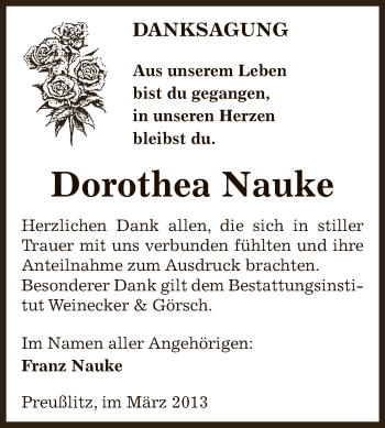 Traueranzeige von Dorothea Nauke von Super Sonntag Bernburg
