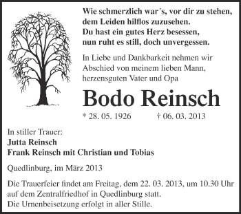 Traueranzeige von Bodo Reinsch von WVG - Wochenspiegel Quedlinburg